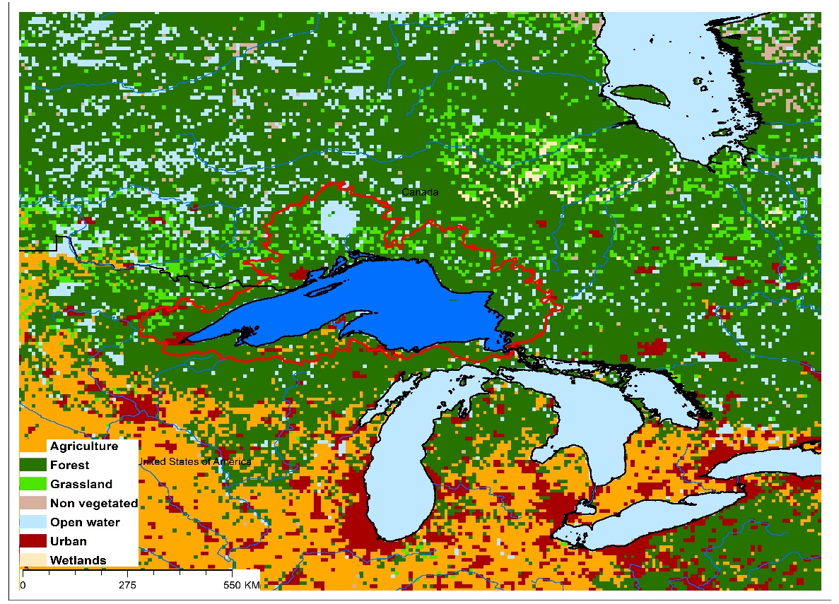 Map of the Laurentian Great Lakes region in North America with land